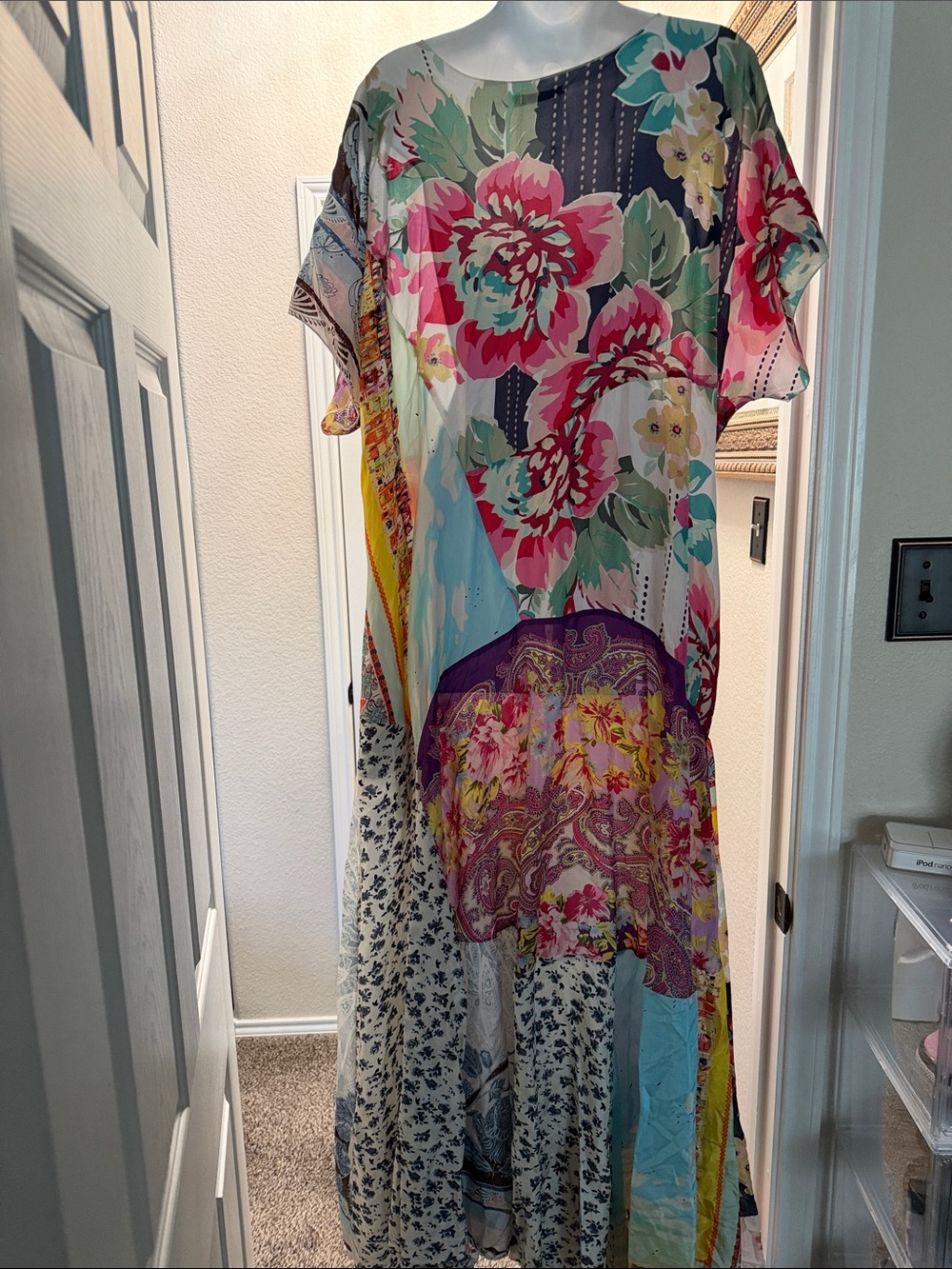 Johnny Was Silk Maxi Dress Tropic Georgette Pink Green Floral Paisley Shift 2X - Picture 4 of 5